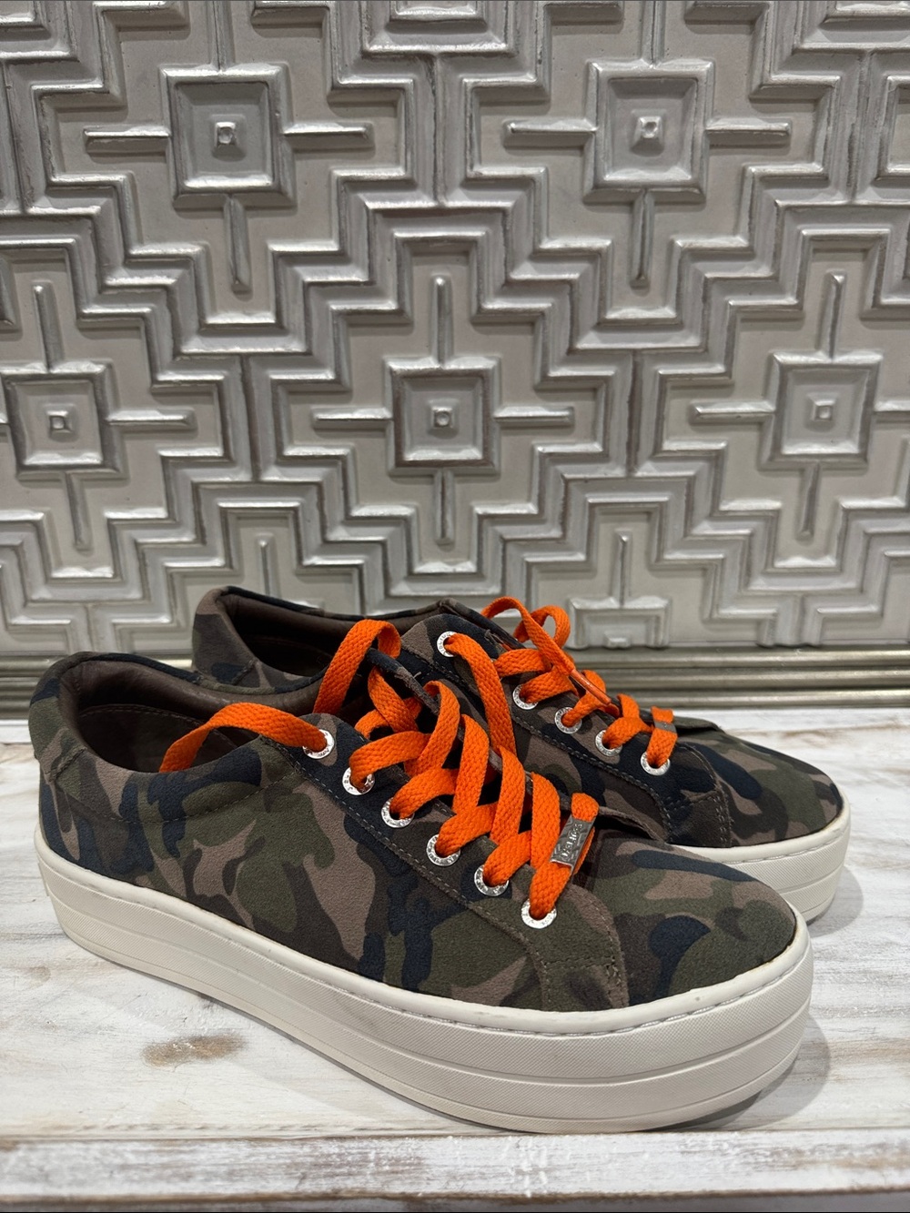 J Slides Women's Camo Platform Sneakers with Orange Laces